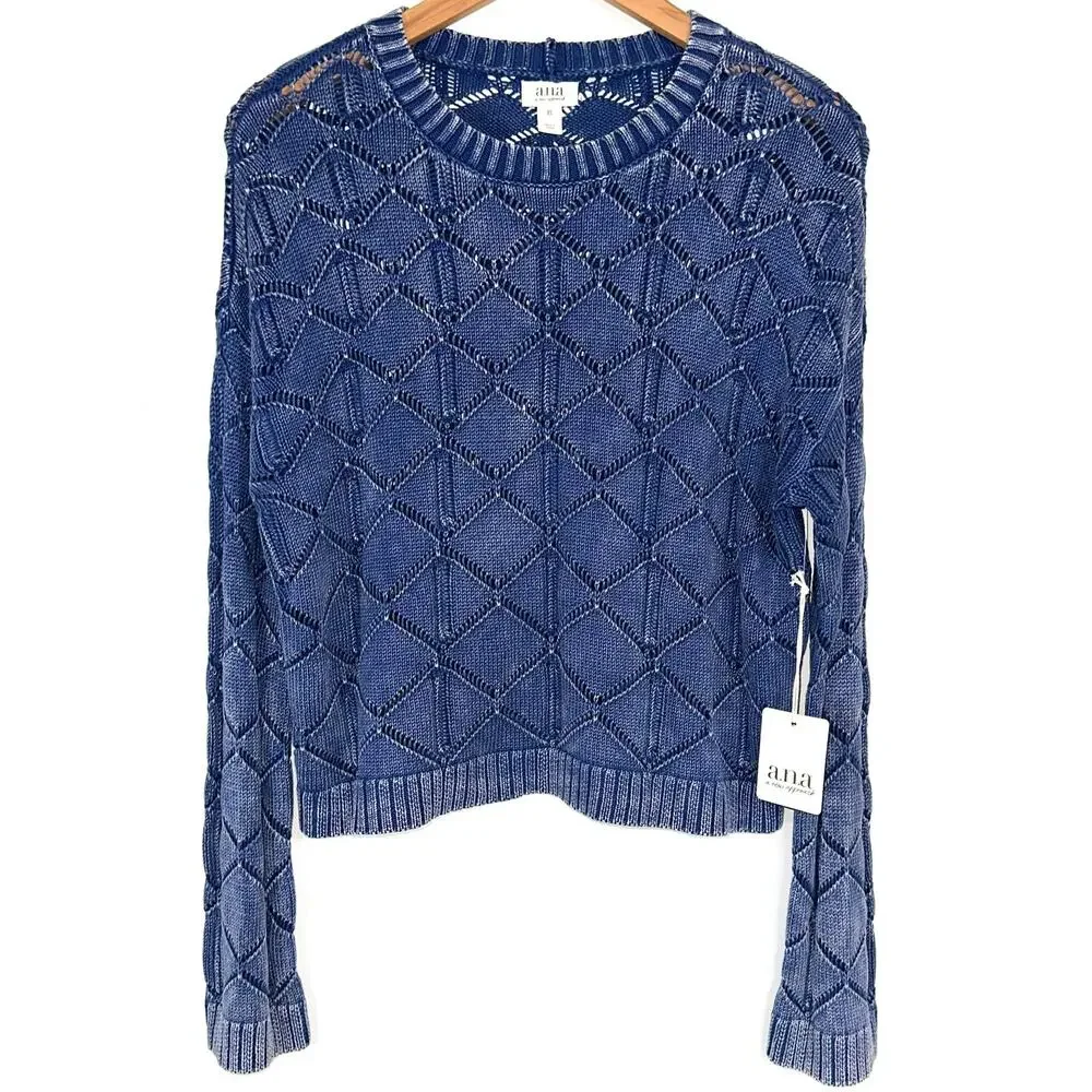 NWT a.n.a. Intricate Knit Indigo Stonewash Long Sleeve Crew Neck Sweater Size XS
